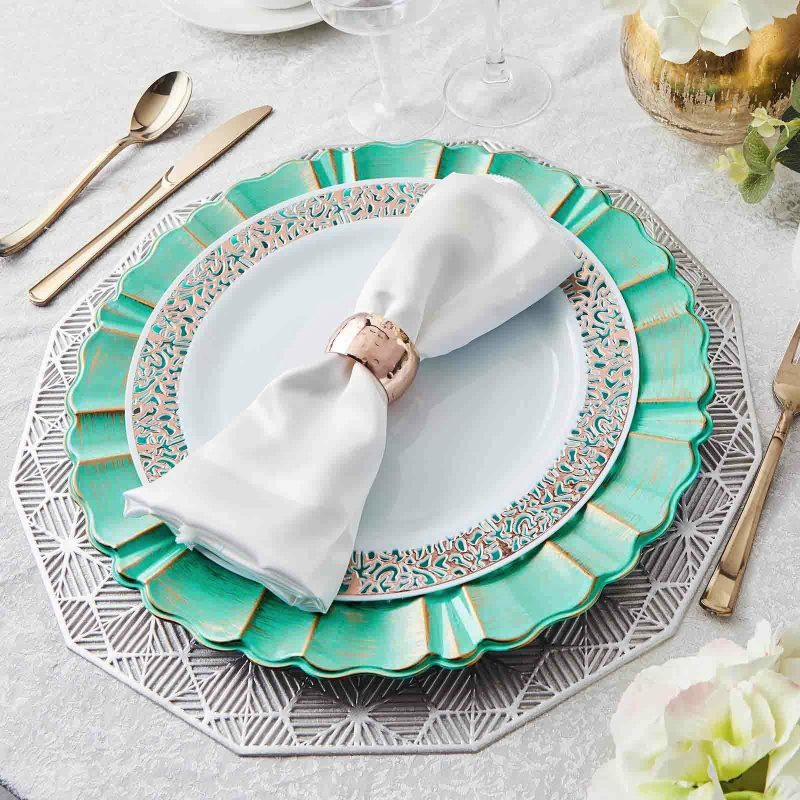 6 Pack Turquoise Acrylic Plastic Charger Plates With Gold Brushed Wavy Scalloped Rim 13″ Round  |   Acrylic Charger Plates Acrylic Charger Plates Acrylic Charger Plates