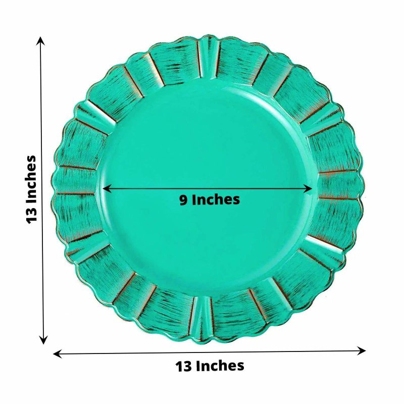 6 Pack Turquoise Acrylic Plastic Charger Plates With Gold Brushed Wavy Scalloped Rim 13″ Round  |   Acrylic Charger Plates Acrylic Charger Plates Acrylic Charger Plates