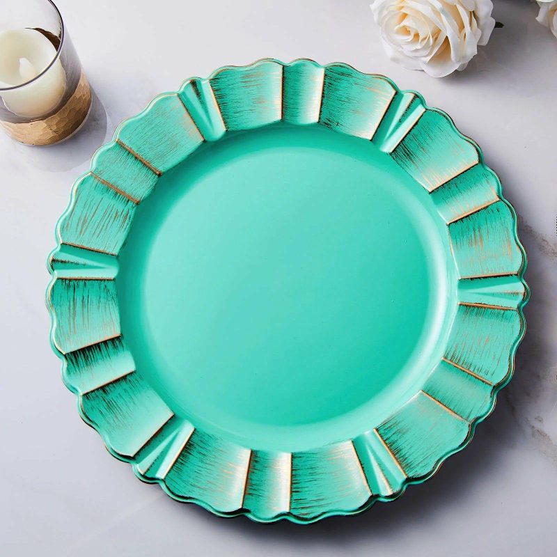 6 Pack Turquoise Acrylic Plastic Charger Plates With Gold Brushed Wavy Scalloped Rim 13″ Round  |   Acrylic Charger Plates Acrylic Charger Plates Acrylic Charger Plates