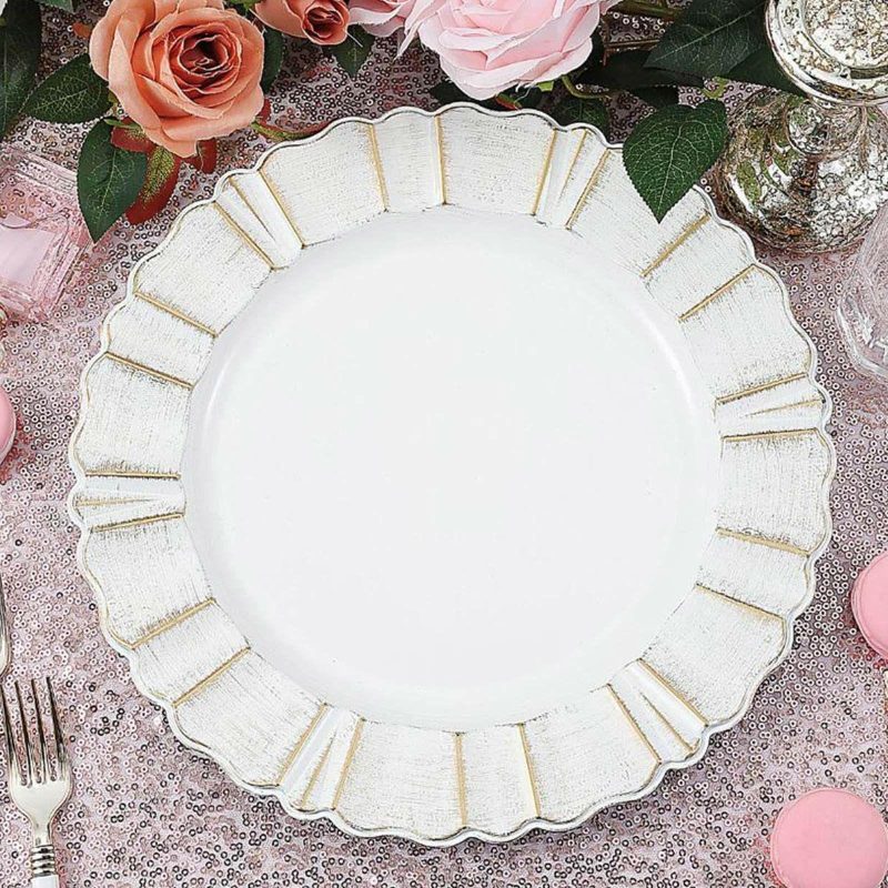 6 Pack White Acrylic Plastic Charger Plates With Gold Brushed Wavy Scalloped Rim 13″ Round  |   Acrylic Charger Plates Acrylic Charger Plates Acrylic Charger Plates