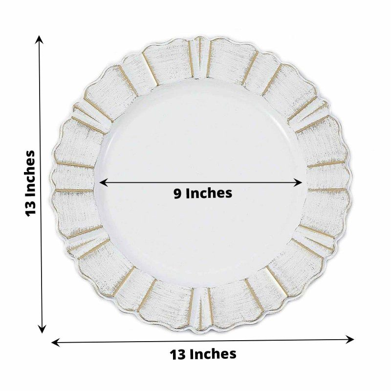 6 Pack White Acrylic Plastic Charger Plates With Gold Brushed Wavy Scalloped Rim 13″ Round  |   Acrylic Charger Plates Acrylic Charger Plates Acrylic Charger Plates