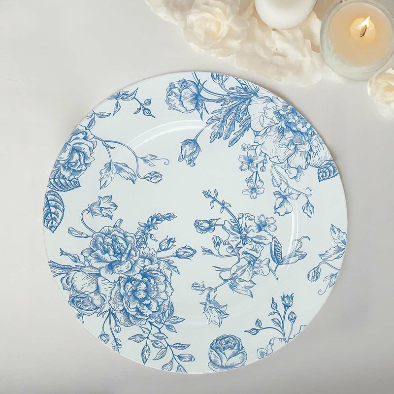 6 Pack White Blue Floral Acrylic Charger Plates in French Toile Pattern, Round Dinner Charger Event Tabletop Decor – 13″  |   Acrylic Charger Plates Acrylic Charger Plates Acrylic Charger Plates