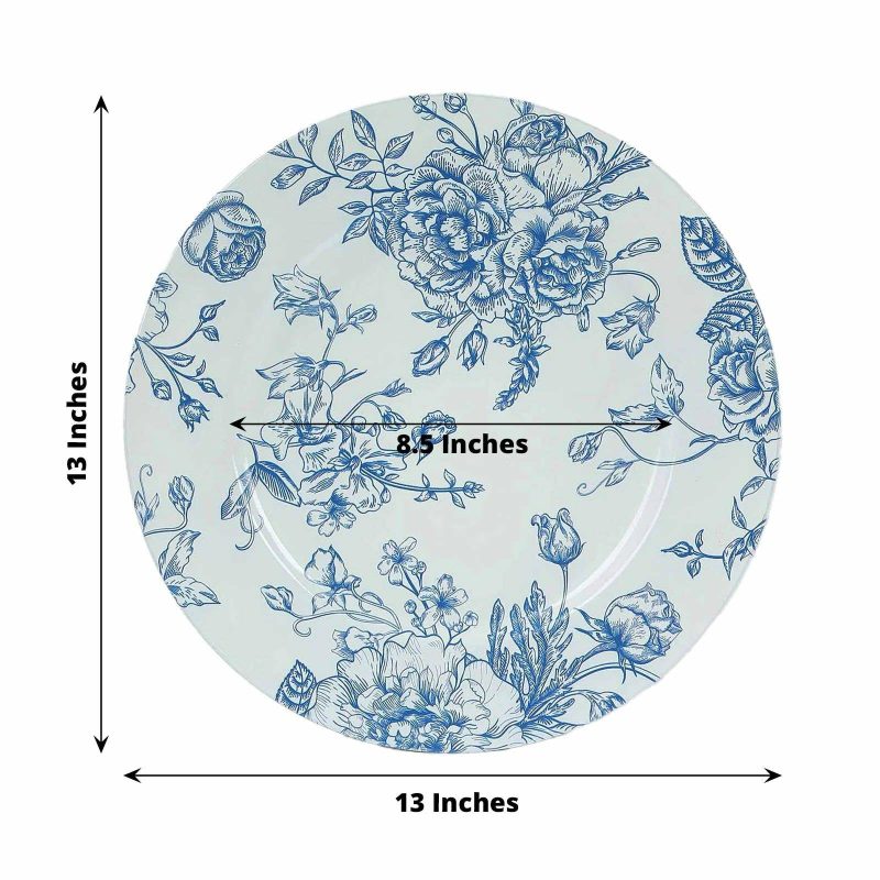 6 Pack White Blue Floral Acrylic Charger Plates in French Toile Pattern, Round Dinner Charger Event Tabletop Decor – 13″  |   Acrylic Charger Plates Acrylic Charger Plates Acrylic Charger Plates