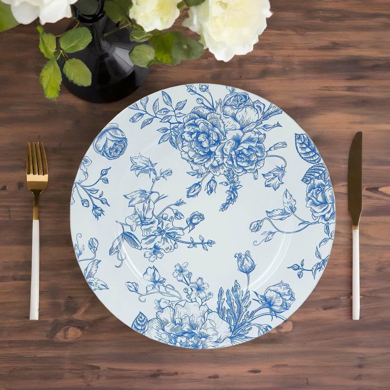 6 Pack White Blue Floral Acrylic Charger Plates in French Toile Pattern, Round Dinner Charger Event Tabletop Decor – 13″  |   Acrylic Charger Plates Acrylic Charger Plates Acrylic Charger Plates