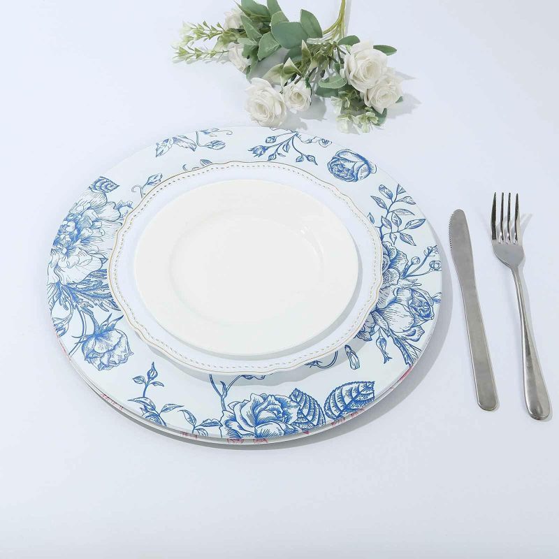 6 Pack White Blue Floral Acrylic Charger Plates in French Toile Pattern, Round Dinner Charger Event Tabletop Decor – 13″  |   Acrylic Charger Plates Acrylic Charger Plates Acrylic Charger Plates