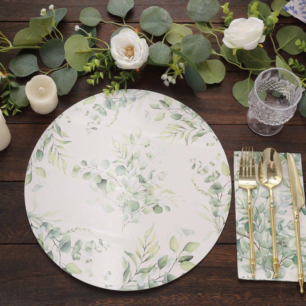 6 Pack White Green Cardboard Paper Placemats with Eucalyptus Leaves Print, 13″ Round Disposable Charger Plates – 700 GSM  |   Eco-Friendly & Paper Plates Disposable Plates Eco-Friendly & Paper Plates