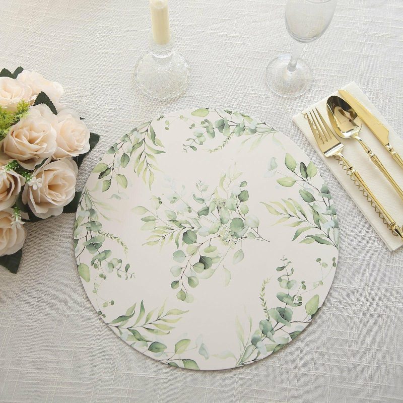 6 Pack White Green Cardboard Paper Placemats with Eucalyptus Leaves Print, 13″ Round Disposable Charger Plates – 700 GSM  |   Eco-Friendly & Paper Plates Disposable Plates Eco-Friendly & Paper Plates