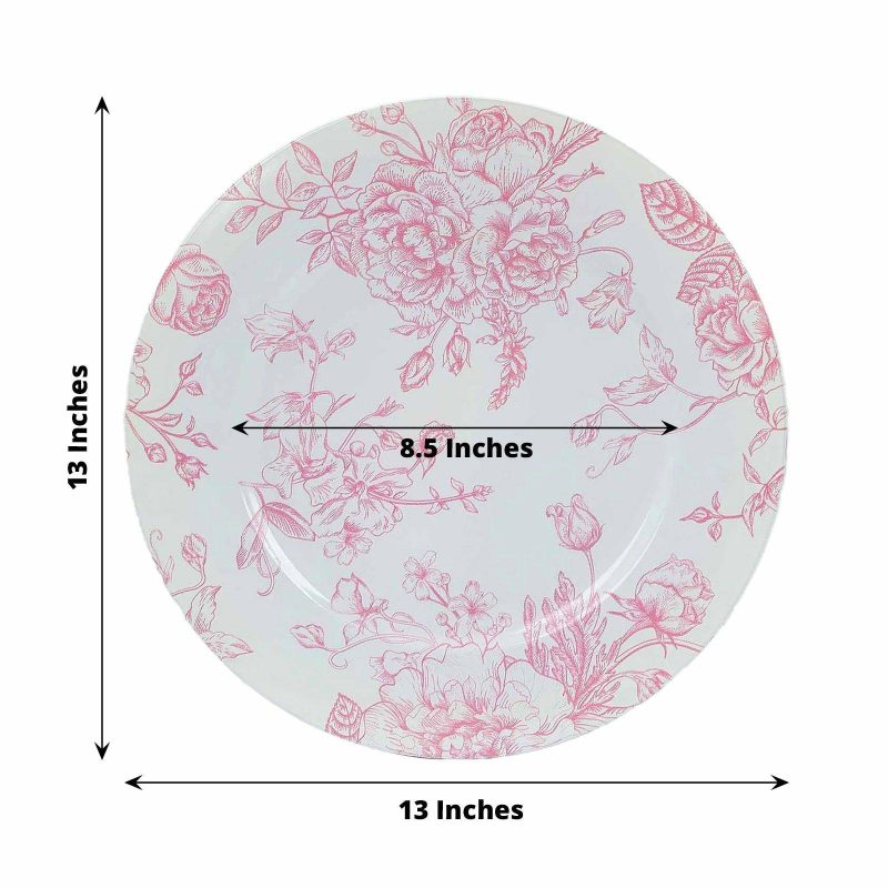 6 Pack White Pink Floral Acrylic Charger Plates in French Toile Pattern, Round Dinner Charger Event Tabletop Decor – 13″  |   Acrylic Charger Plates Acrylic Charger Plates Acrylic Charger Plates