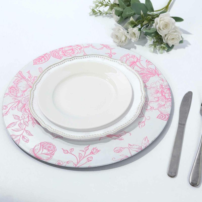 6 Pack White Pink Floral Acrylic Charger Plates in French Toile Pattern, Round Dinner Charger Event Tabletop Decor – 13″  |   Acrylic Charger Plates Acrylic Charger Plates Acrylic Charger Plates