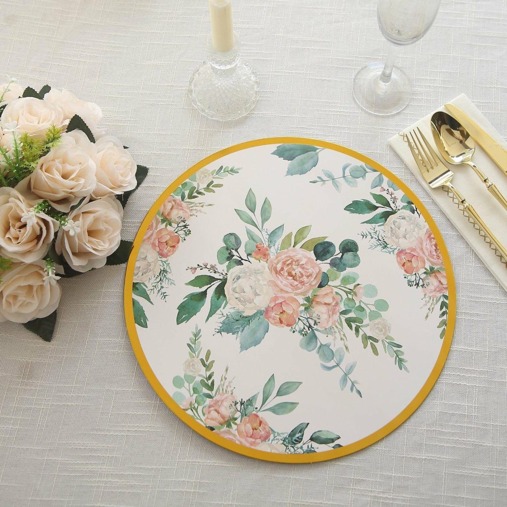 6 Pack White Pink Floral Cardboard Paper Placemats with Gold Rim, 13″ Round Disposable Charger Plates – 700 GSM  |   Eco-Friendly & Paper Plates Disposable Plates Eco-Friendly & Paper Plates