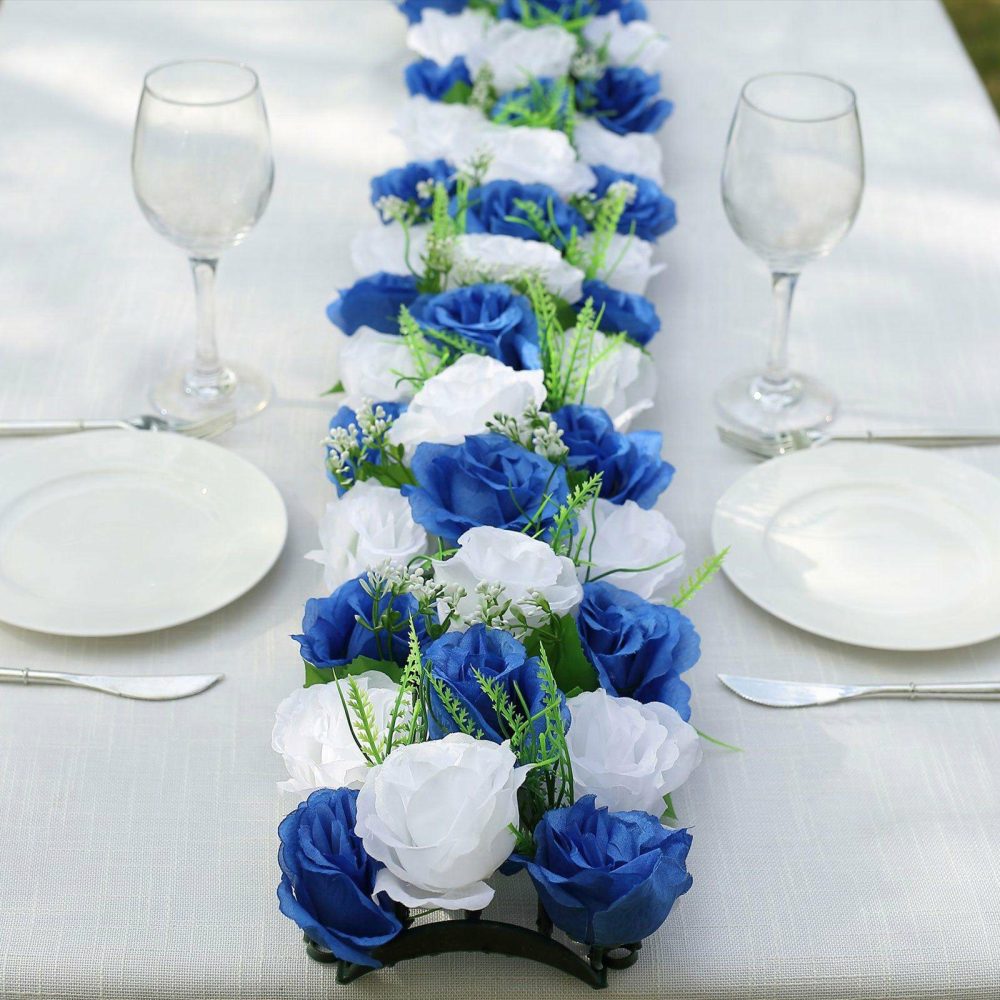 6 Pack White Royal Blue Silk Rose Flower Panel Table Runner, Artificial Floral Arrangements Dining Table Decor – 20″x8″  |   Stylish Stylish Royal blue