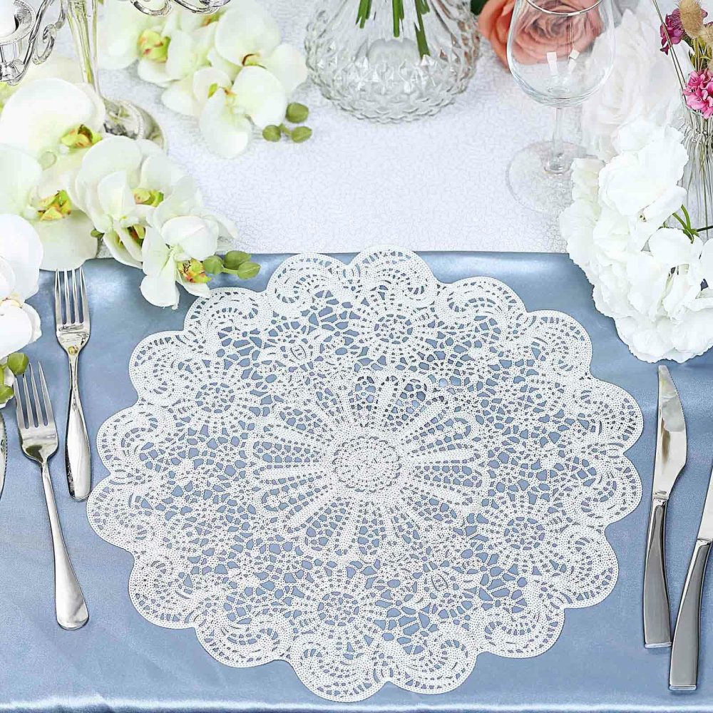 6 Pack White Vintage Floral Lace Vinyl Placemats, Non-Slip Dining Table Mats 15″  |   Reusable Placemats Charger Plates Reusable Placemats