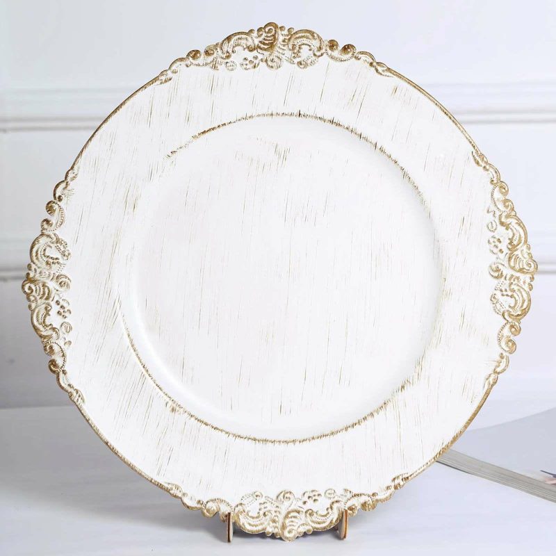 6 Pack White Washed Gold Embossed Baroque Charger Plates, Round With Antique Design Rim 13″  |   Acrylic Charger Plates Acrylic Charger Plates Acrylic Charger Plates