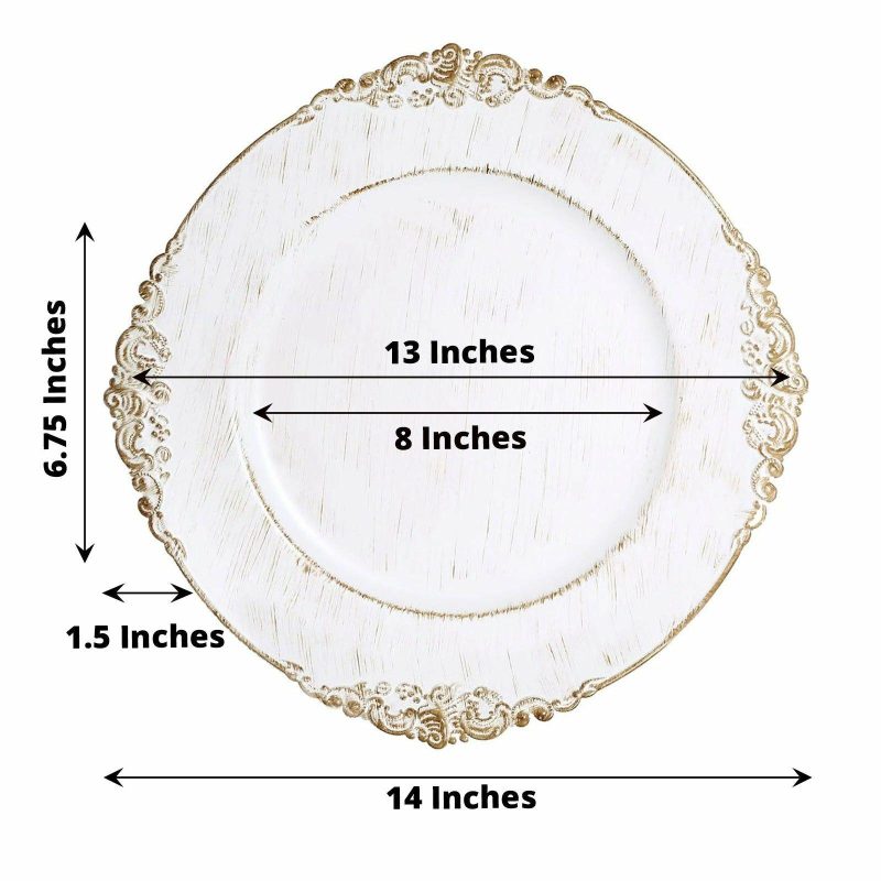 6 Pack White Washed Gold Embossed Baroque Charger Plates, Round With Antique Design Rim 13″  |   Acrylic Charger Plates Acrylic Charger Plates Acrylic Charger Plates