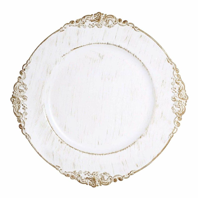 6 Pack White Washed Gold Embossed Baroque Charger Plates, Round With Antique Design Rim 13″  |   Acrylic Charger Plates Acrylic Charger Plates Acrylic Charger Plates