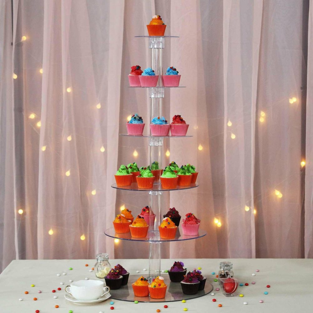 6-Tier Clear Acrylic Cupcake Tower Stand, Dessert Holder Display 33″  |   Servingwares Disposable Plates 6 Tier 16 Inches