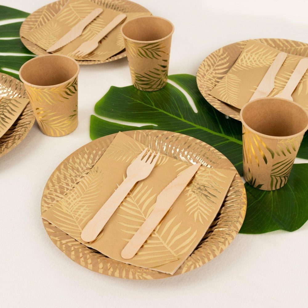 72 Pcs Natural Disposable Dinnerware Set With Gold Foil Palm Leaves Print, Paper Plates Cups Napkins Tableware Combo Pack  |   Eco-Friendly & Paper Plates Disposable Plates Eco-Friendly & Paper Plates