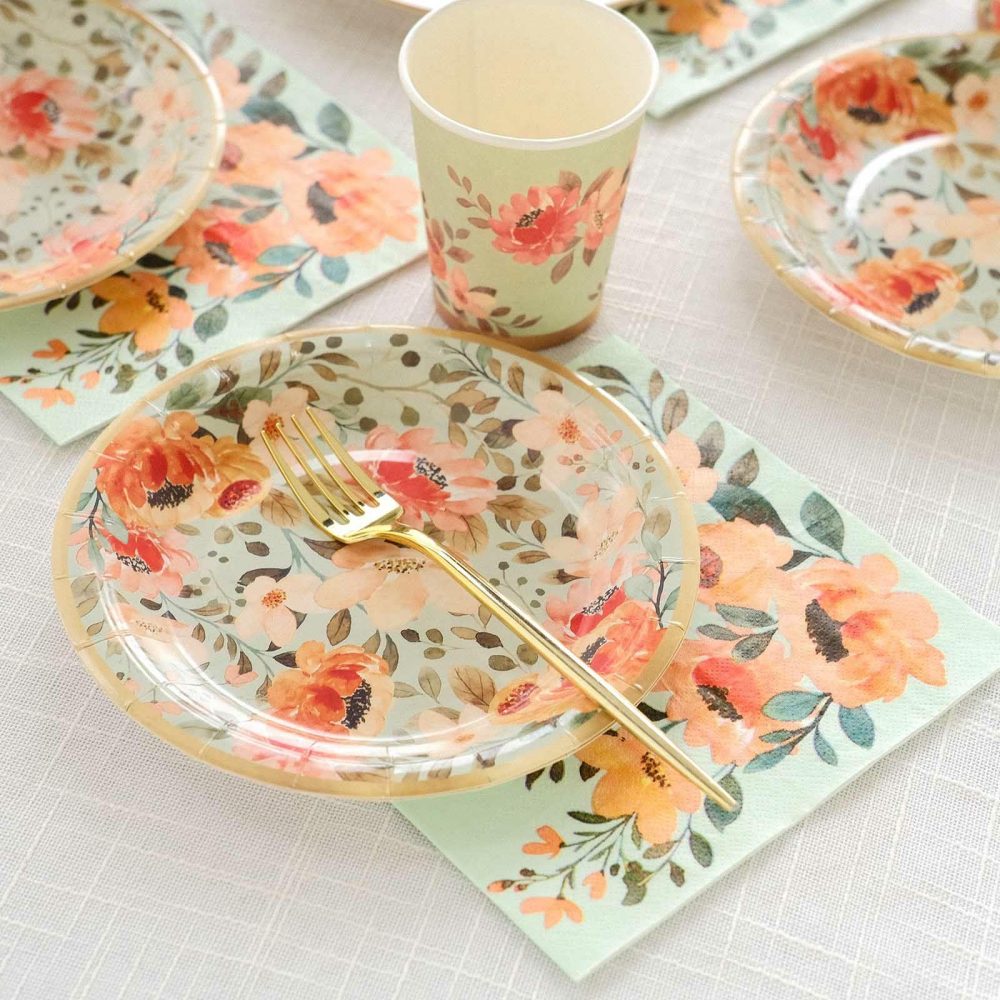 72 Pcs Sage Green Disposable Dinnerware Set With Pink Floral Print, Paper Plates Cups Napkins Tableware Combo Pack  |   Eco-Friendly & Paper Plates Disposable Plates Eco-Friendly & Paper Plates