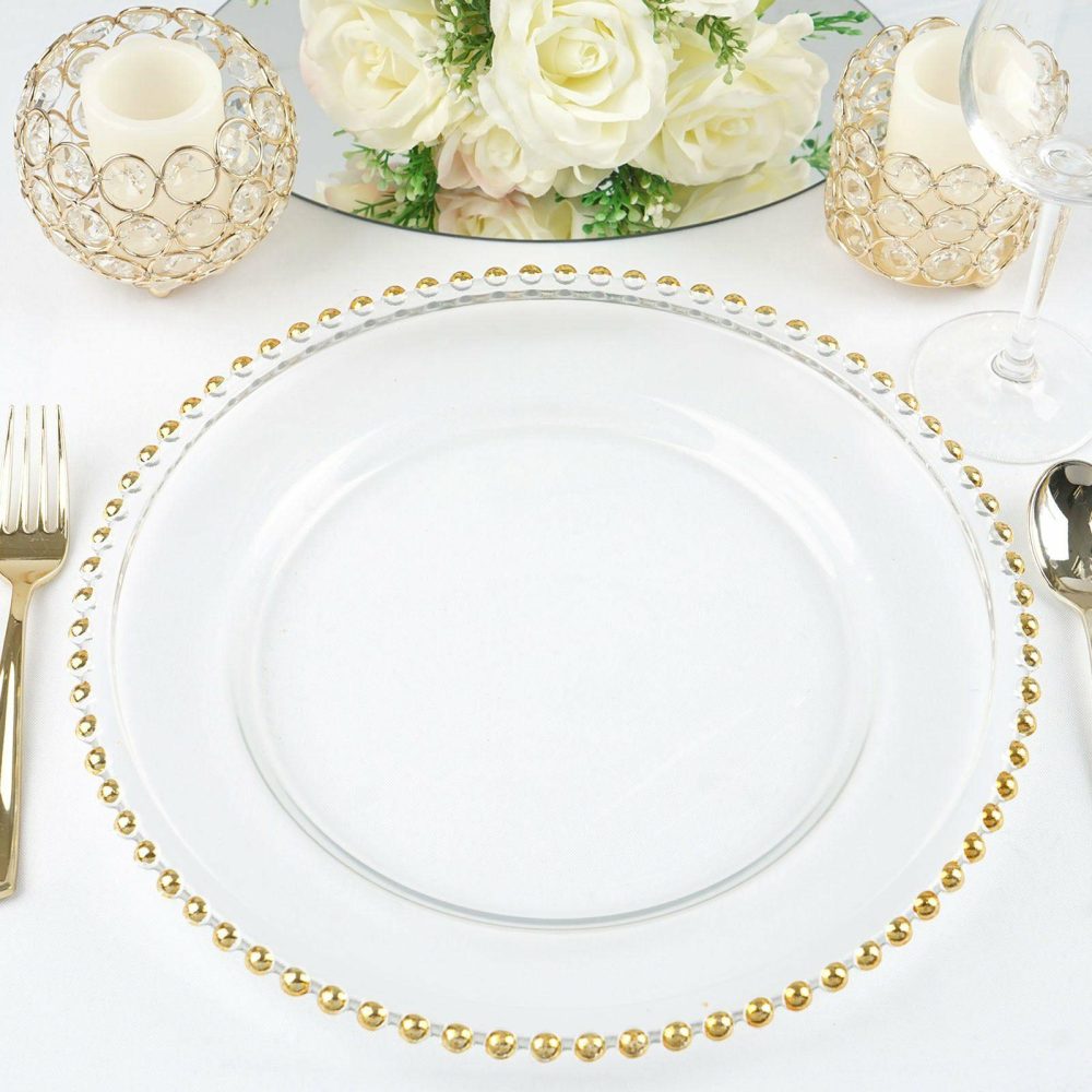 8 Pack Gold Beaded Round Glass Charger Plates, Event Tabletop Decor 12″  |   Glass & Mirror Charger Plate Charger Plates Glass & Mirror Charger Plate