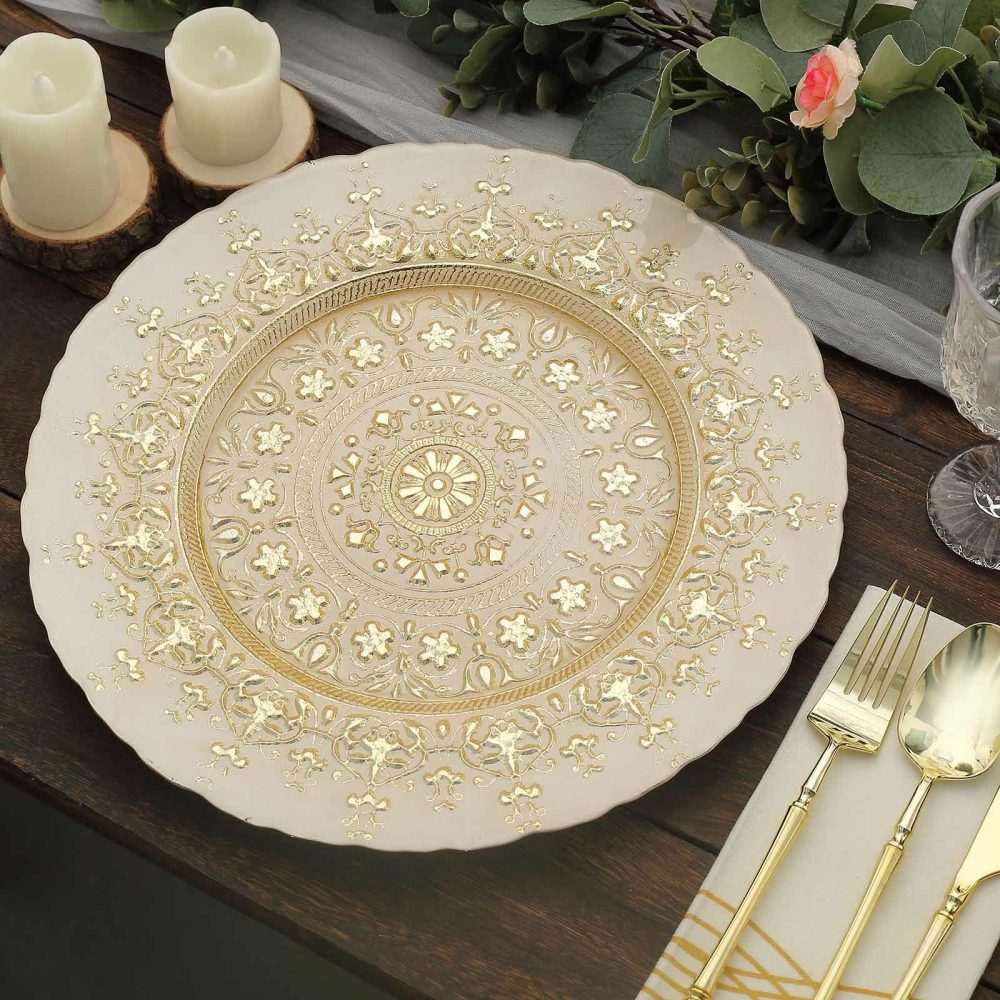 8 Pack Gold Monaco Style Glass Table Serving Plates, Ornate Design Dinner Charger Trays 13″  |   Glass & Mirror Charger Plate Charger Plates Glass & Mirror Charger Plate