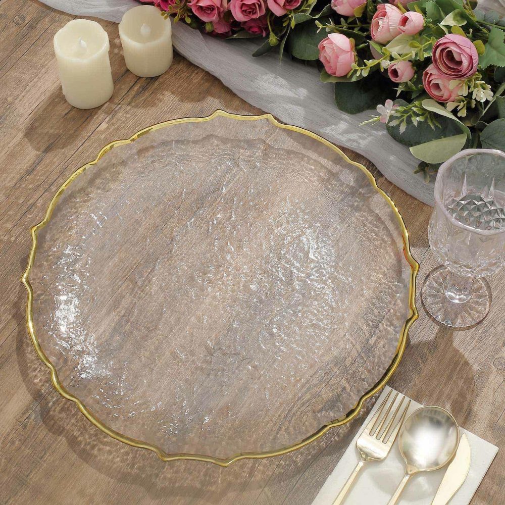 8 Pack Gold Sunflower Scalloped Rim Clear Glass Charger Plates 13″  |   Glass & Mirror Charger Plate Charger Plates Glass & Mirror Charger Plate