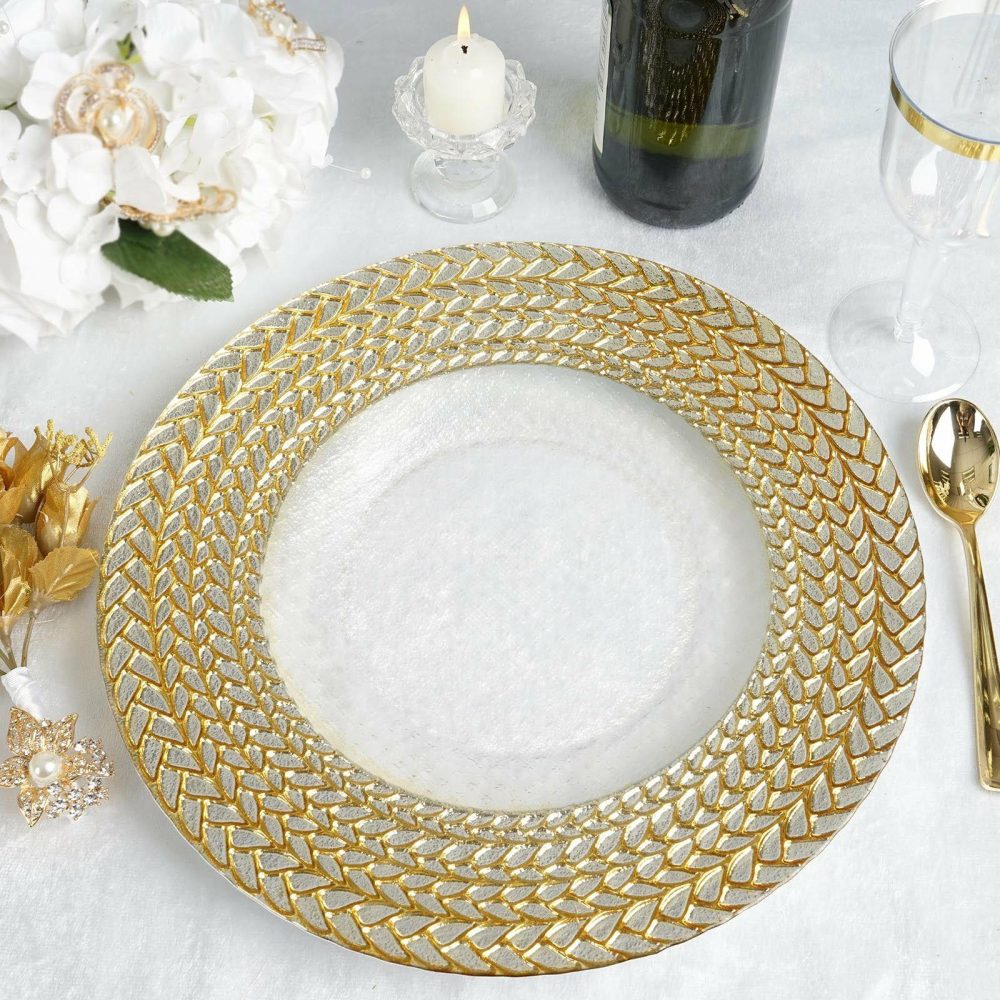 8 Pack Luxurious Silver/Gold Braided Rim Glass Charger Plates, Clear Round Charger Plates 13″  |   Glass & Mirror Charger Plate Charger Plates Glass & Mirror Charger Plate