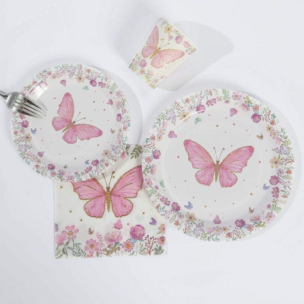 96 Pcs White Pink Butterfly Print Disposable Dinnerware Set, Paper Plates Cups Napkins Party Supplies  |   Eco-Friendly & Paper Plates Disposable Plates Eco-Friendly & Paper Plates