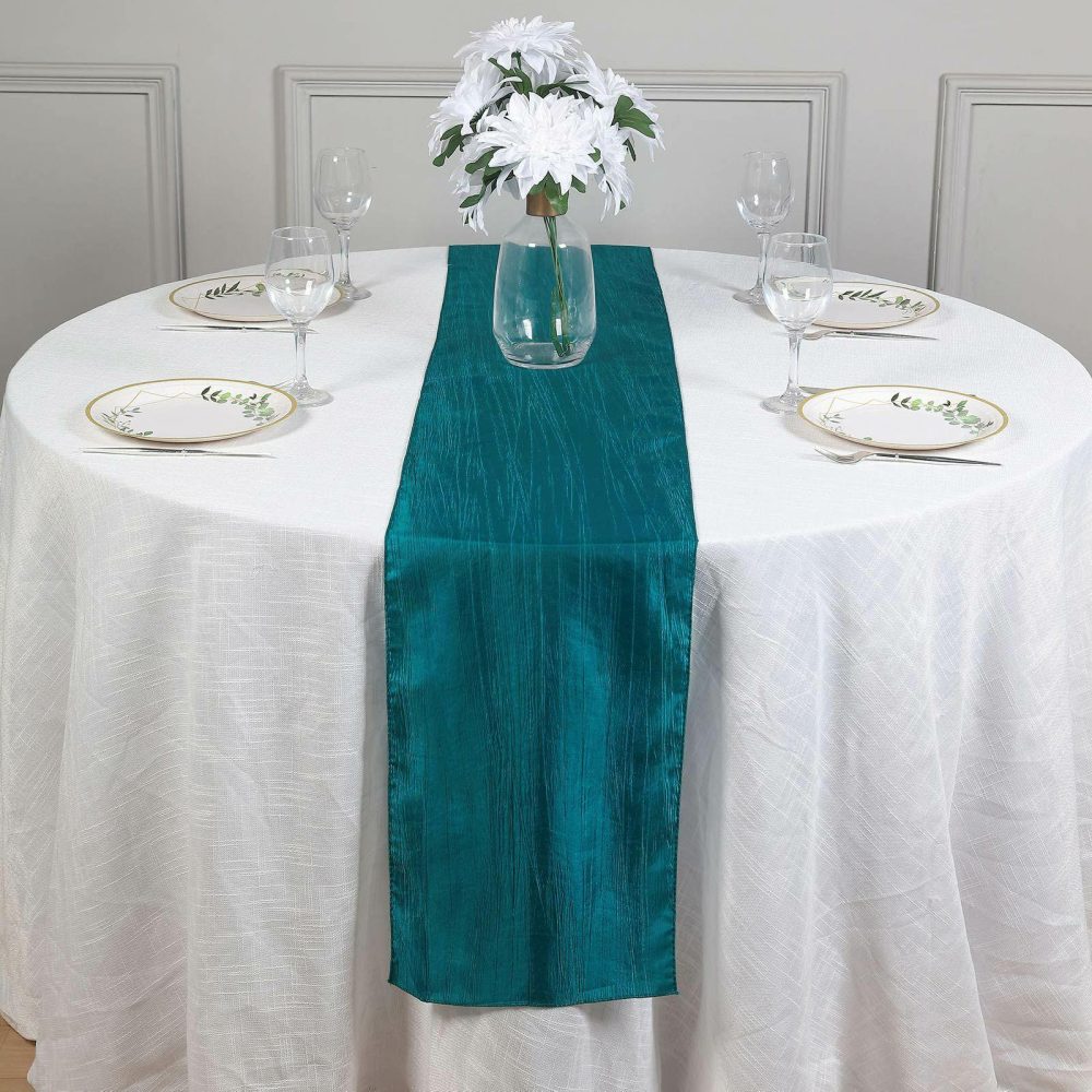 Accordion Crinkle Taffeta Table Runner, Elegant Linen Runner – Teal 12″x108″  |   Satin & Taffeta Satin & Taffeta Satin & Taffeta