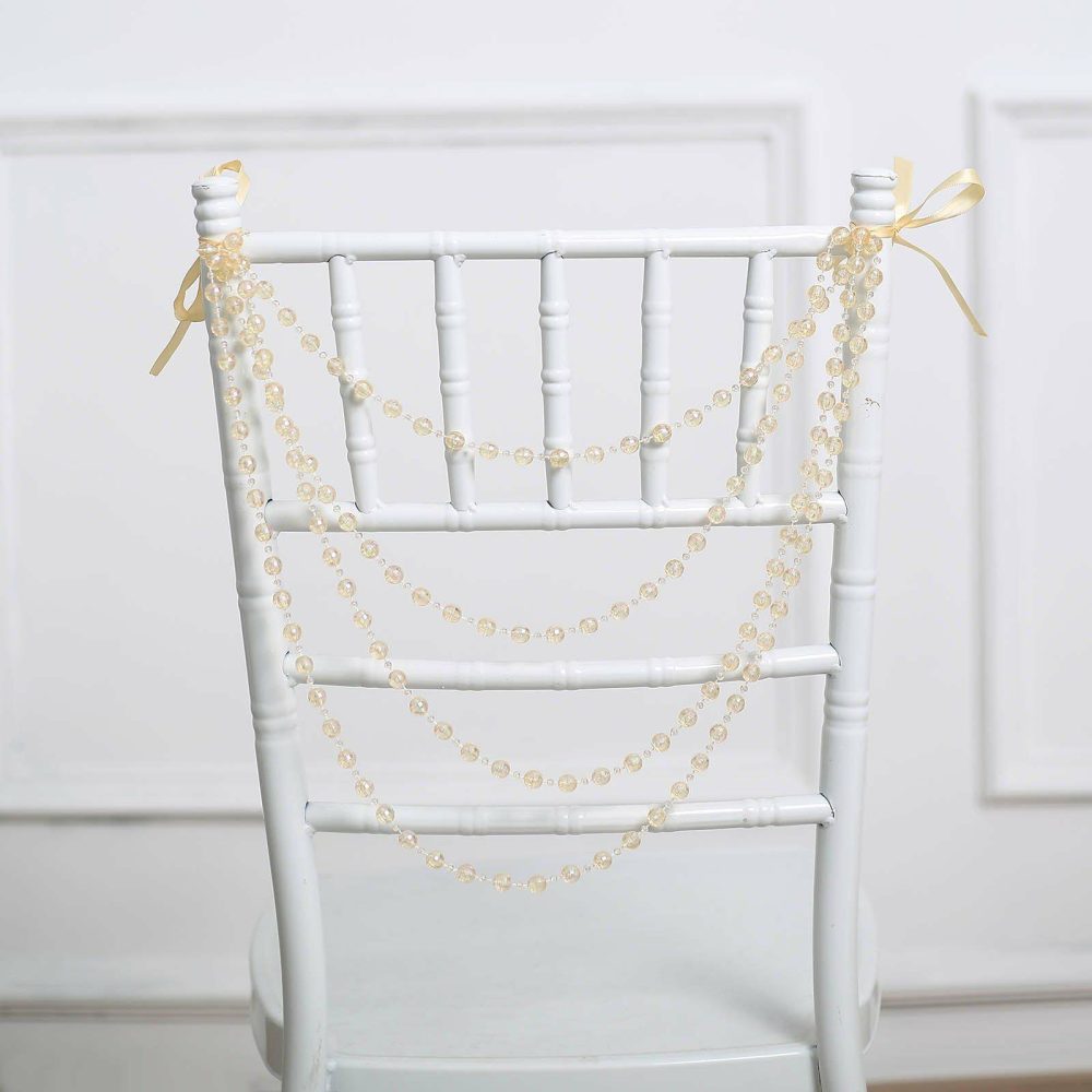 Amber Gatsby Faux Pearl Beaded Wedding Chair Back Garland Sash, Pre-Tied Pearl String Chiavari Chair Decor 16″  |   Stylish Chair Sashes Amber