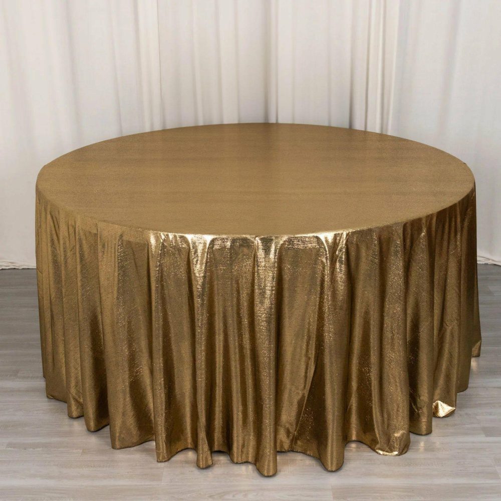 Antique Gold Shimmer Sequin Dots Polyester Tablecloth, Wrinkle Free Sparkle Glitter Tablecover 120″ for 5 Foot Table With Floor-Length Drop  |   Sparkly Shimmer Sparkly Shimmer Antique Gold