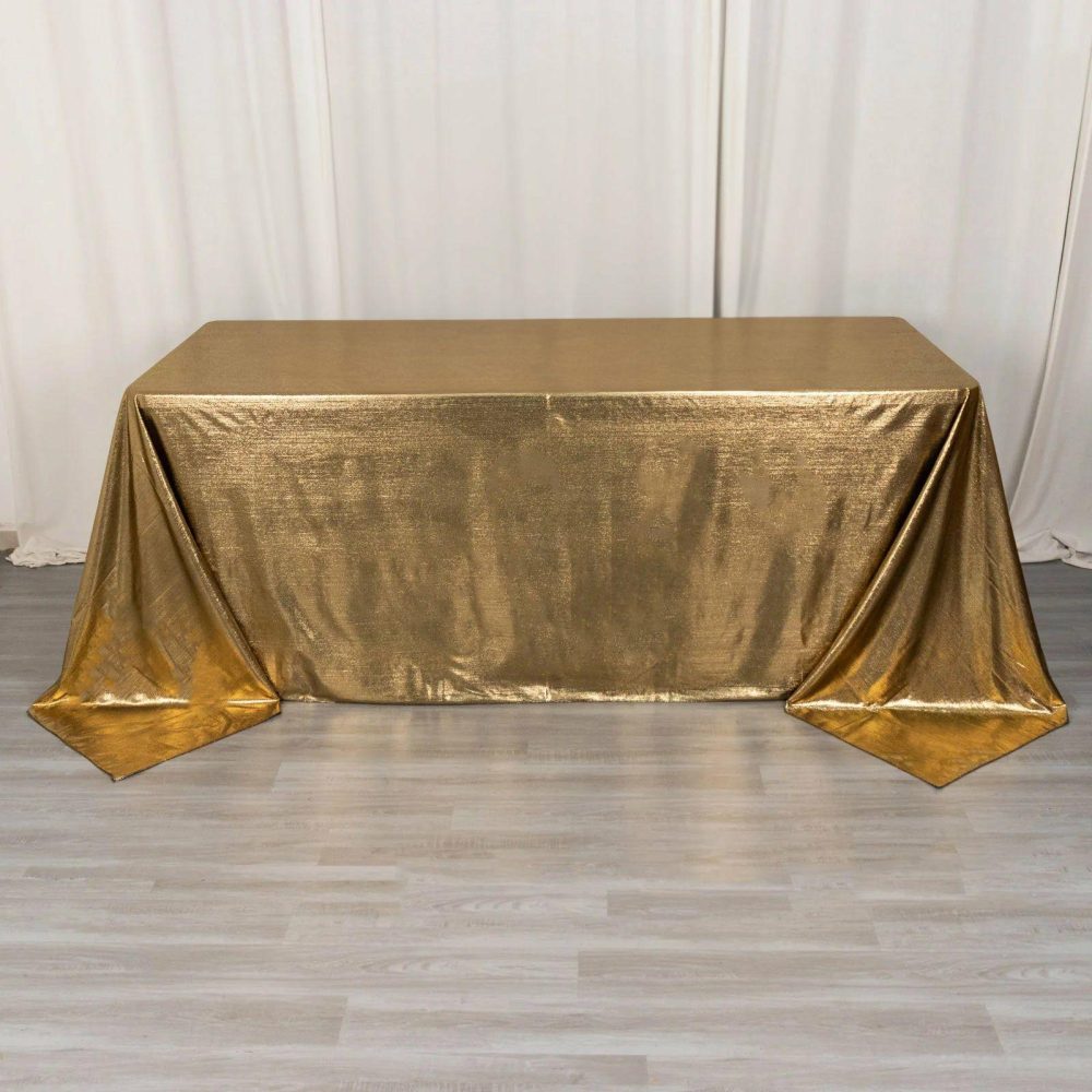 Antique Gold Shimmer Sequin Dots Polyester Tablecloth, Wrinkle Free Sparkle Glitter Tablecover 90″x132″ for 6 Foot Table With Floor-Length Drop  |   Polyester Polyester Antique Gold