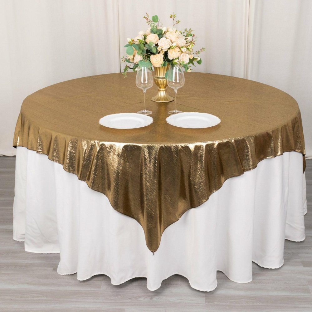 Antique Gold Shimmer Sequin Dots Square Polyester Table Overlay, Wrinkle Free Sparkle Glitter Table Topper 72″x72″  |   Sparkly Shimmer Table Overlays Antique Gold