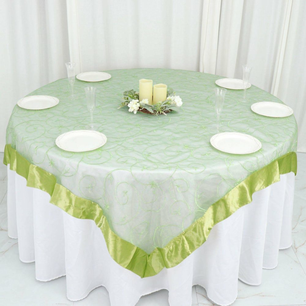 Apple Green Embroidered Sheer Organza Square Table Overlay With Satin Edge 72″x72″  |   Sheer Organza Sheer Organza Apple green