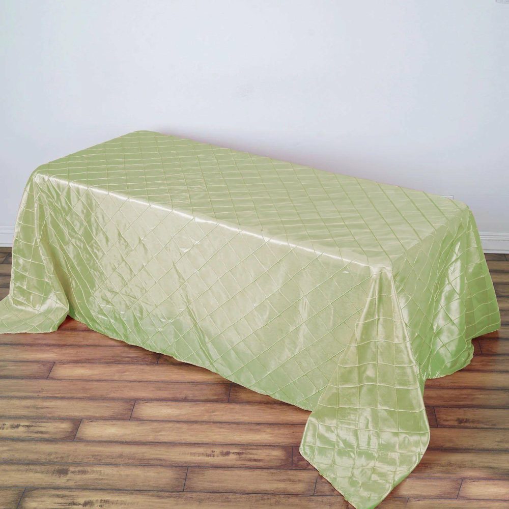 Apple Green Taffeta Pintuck Seamless Rectangular Tablecloth 90″ x 132″ for 6 Foot Table With Floor-Length Drop  |   Pintuck, Crinkle & Leaf Pintuck, Crinkle & Leaf Apple green