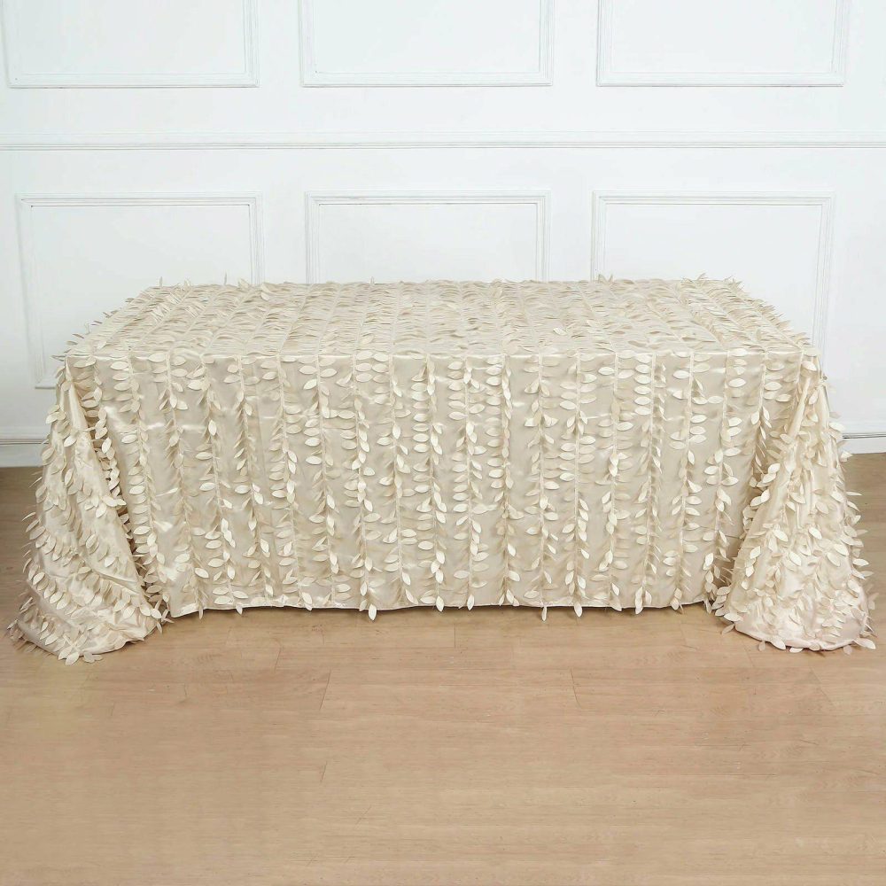 Beige 3D Leaf Petal Taffeta Fabric Seamless Rectangle Tablecloth 90″x156″ for 8 Foot Table With Floor-Length Drop  |   Pintuck, Crinkle & Leaf Pintuck, Crinkle & Leaf Beige