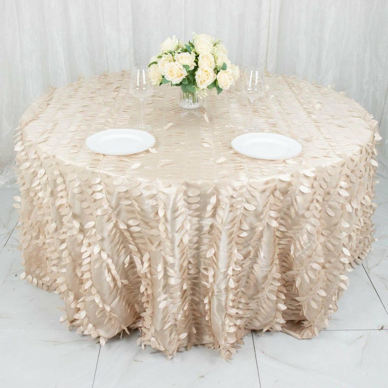 Beige 3D Leaf Petal Taffeta Fabric Seamless Round Tablecloth 132″ for 6 Foot Table With Floor-Length Drop  |   Pintuck, Crinkle & Leaf Pintuck, Crinkle & Leaf Beige