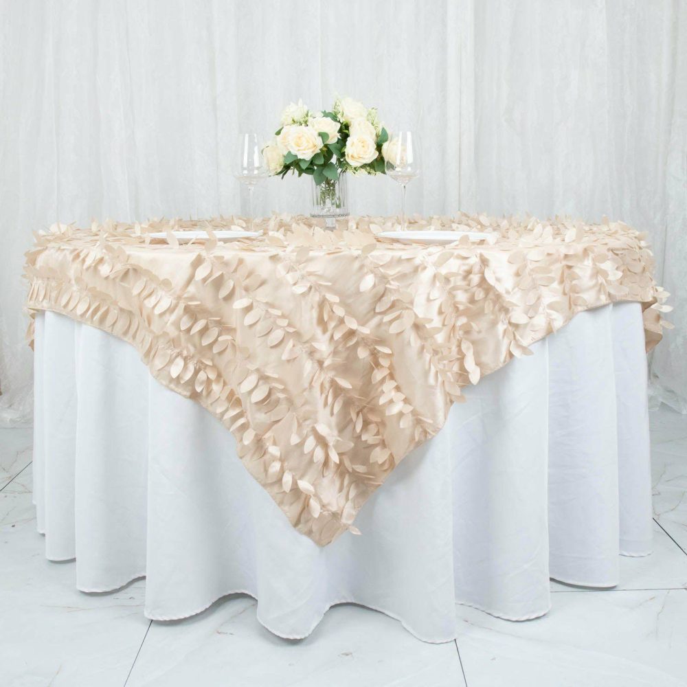 Beige 3D Leaf Petal Taffeta Fabric Table Overlay 72″x72″  |   Satin & Taffeta Satin & Taffeta Beige