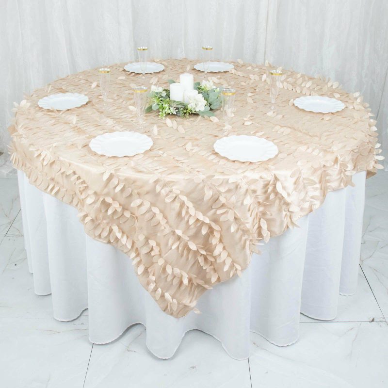 Beige 3D Leaf Petal Taffeta Fabric Table Overlay 72″x72″  |   Satin & Taffeta Satin & Taffeta Beige