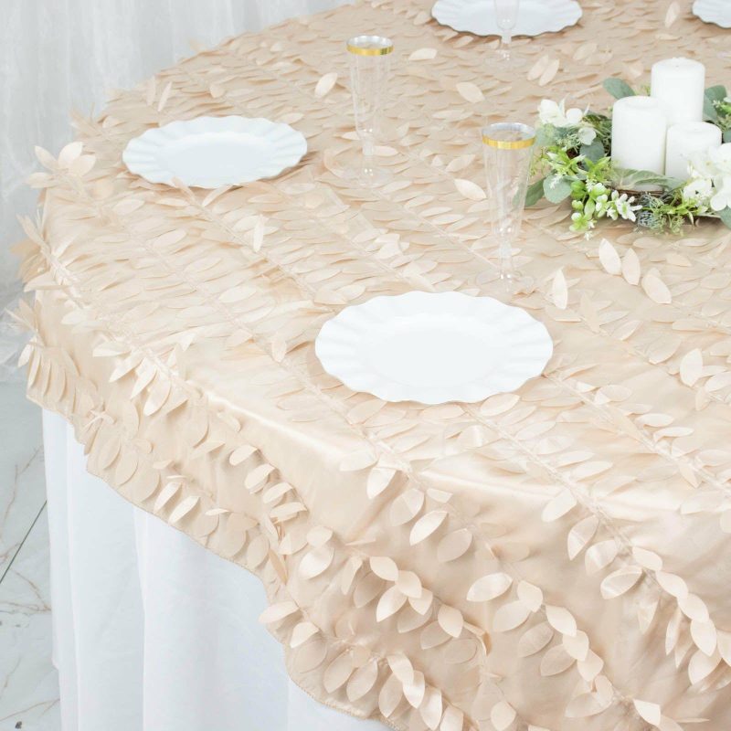 Beige 3D Leaf Petal Taffeta Fabric Table Overlay 72″x72″  |   Satin & Taffeta Satin & Taffeta Beige