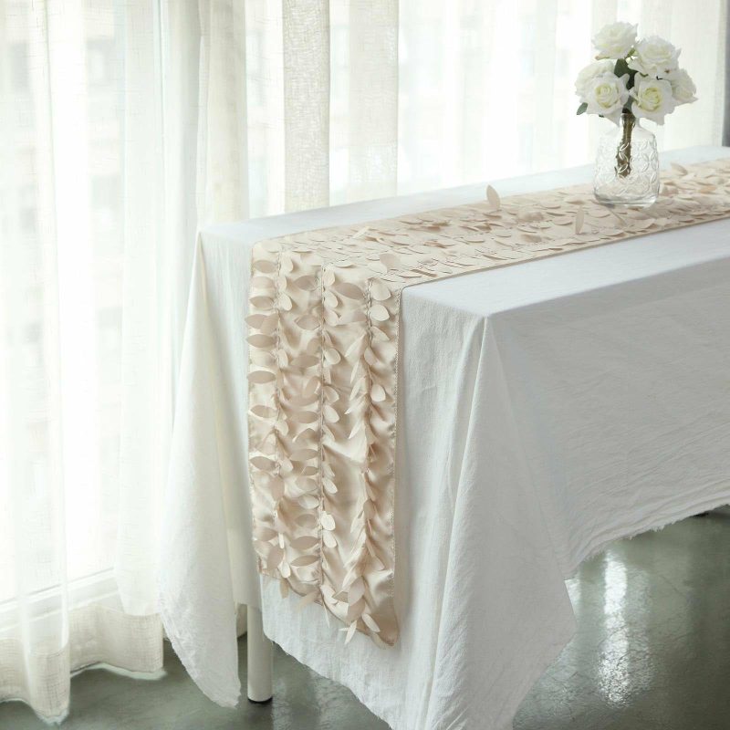 Beige 3D Leaf Petal Taffeta Fabric Table Runner 12″x108″  |   Stylish Stylish Beige