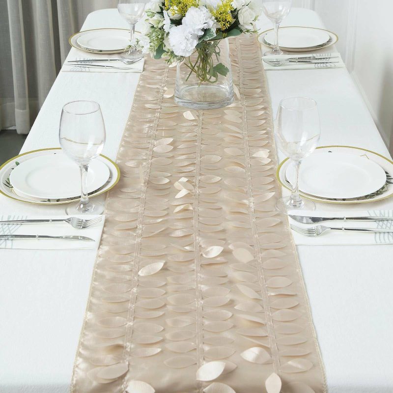 Beige 3D Leaf Petal Taffeta Fabric Table Runner 12″x108″  |   Stylish Stylish Beige