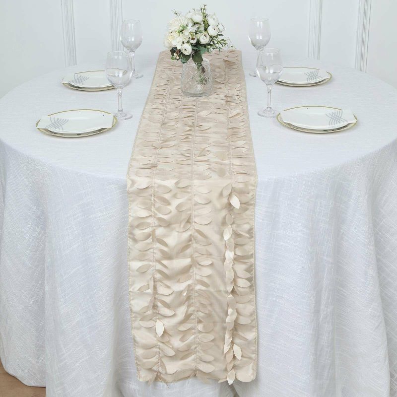 Beige 3D Leaf Petal Taffeta Fabric Table Runner 12″x108″  |   Stylish Stylish Beige