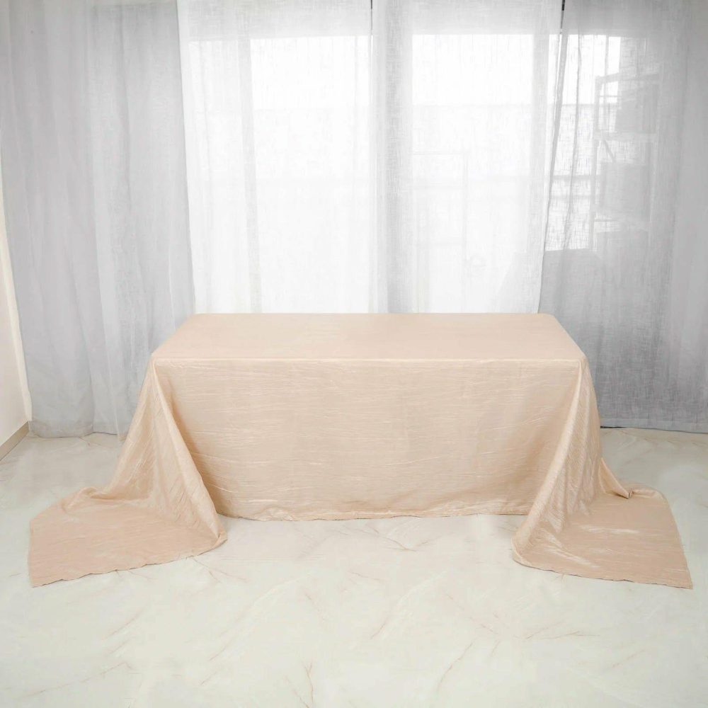 Beige Accordion Crinkle Taffeta Seamless Rectangular Tablecloth 90″x156″ for 8 Foot Table With Floor-Length Drop  |   Pintuck, Crinkle & Leaf Pintuck, Crinkle & Leaf Beige