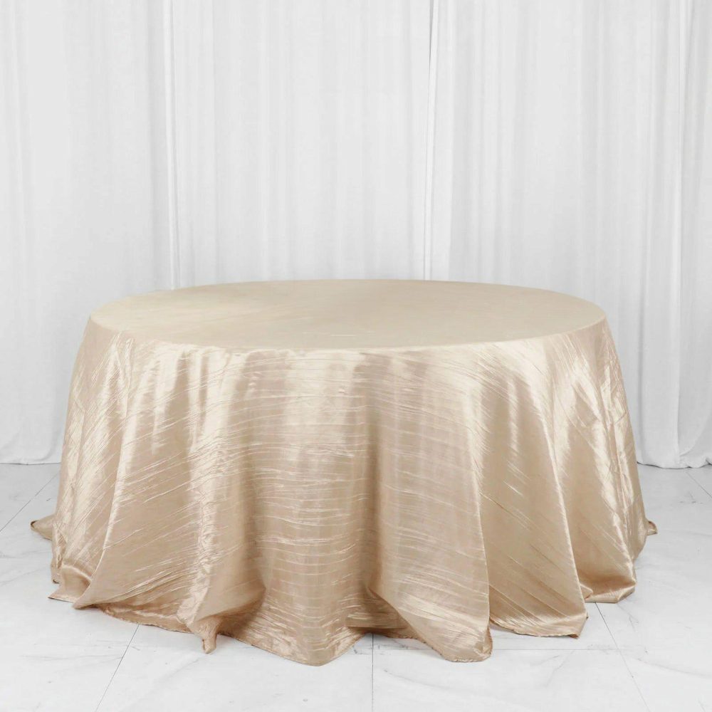 Beige Accordion Crinkle Taffeta Seamless Round Tablecloth 132″ for 6 Foot Table With Floor-Length Drop  |   Pintuck, Crinkle & Leaf Pintuck, Crinkle & Leaf Beige