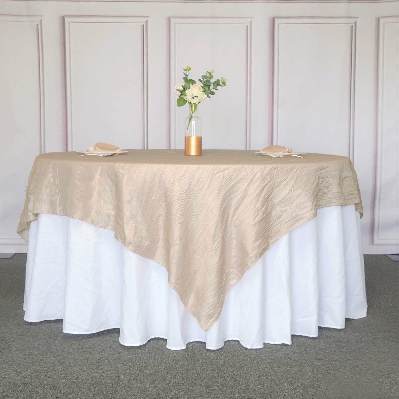 Beige Accordion Crinkle Taffeta Square Table Overlay 90″x90″  |   Satin & Taffeta Satin & Taffeta Beige