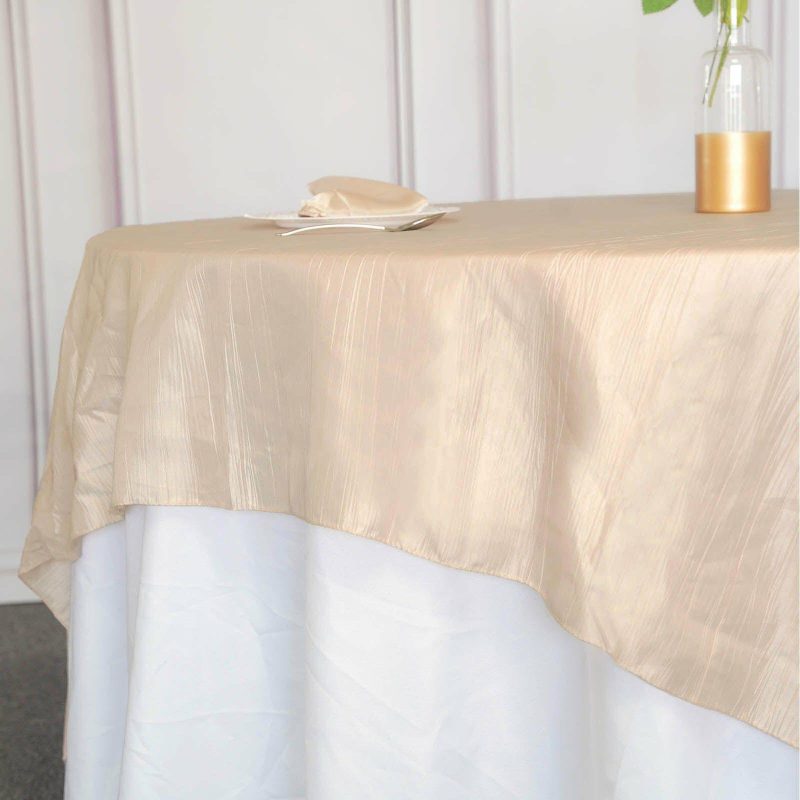 Beige Accordion Crinkle Taffeta Square Table Overlay 90″x90″  |   Satin & Taffeta Satin & Taffeta Beige