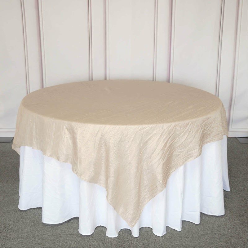 Beige Accordion Crinkle Taffeta Square Table Overlay 90″x90″  |   Satin & Taffeta Satin & Taffeta Beige