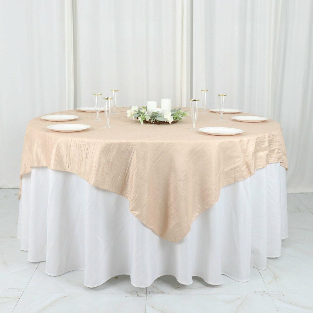 Beige Accordion Crinkle Taffeta Table Overlay, Square Tablecloth Topper 72″x72″  |   Satin & Taffeta Satin & Taffeta Beige