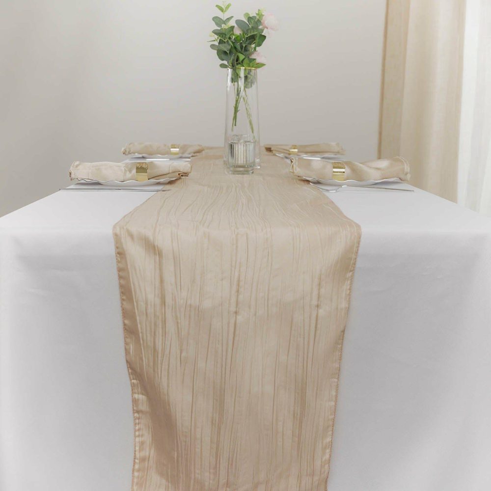 Beige Accordion Crinkle Taffeta Table Runner, Elegant Linen Runner 12″x108″  |   Satin & Taffeta Satin & Taffeta Beige