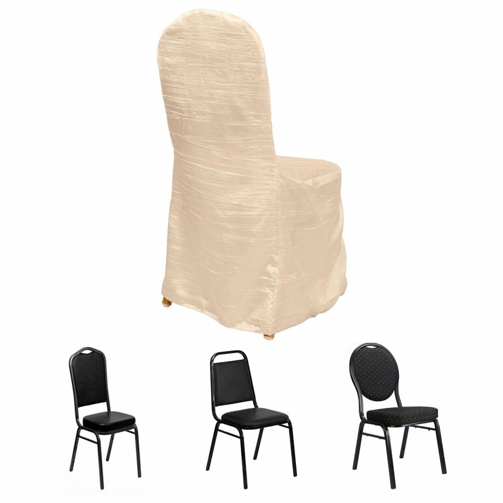 Beige Crinkle Crushed Taffeta Banquet Chair Cover, Reusable Wedding Chair Cover  |   Polyester & Satin Banquet Chair Covers Beige